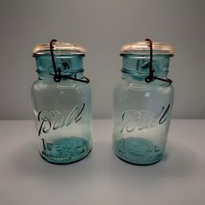 Set of 2 Ball Antique IDEAL Qt Blue Glass Mason Jars Wire Bales Lids
